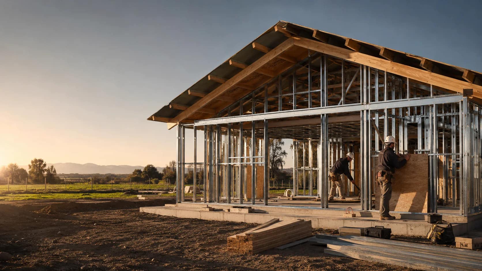 Vivienda residencial en construcción con estructura liviana