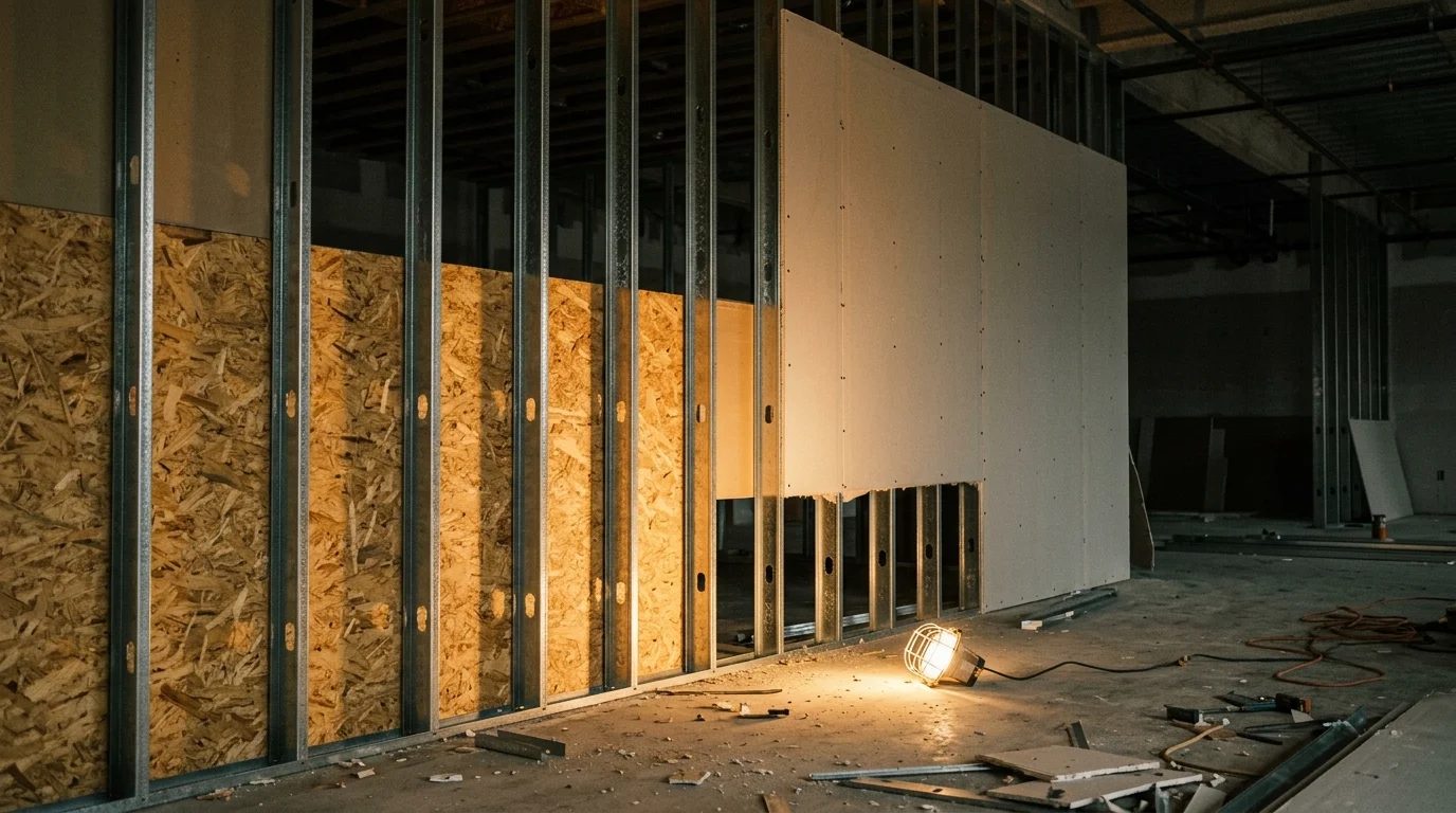 Muro Metalcon con drywall a medio instalar · simulador de terremoto